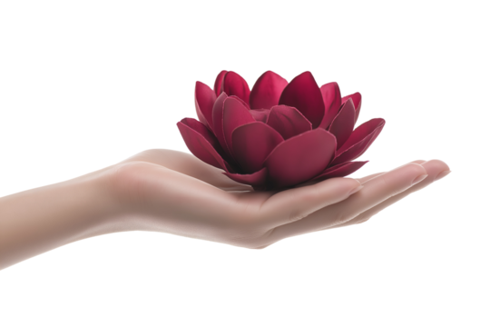Hand with a blooming flower isolated on a white background