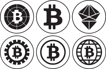Set of 6 silhouette icons related to bitcoin currency. Flat black color icon collection. Editable filled design art. Vector illustration.
