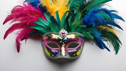 Close up of a colorful feathered carnival mask on a white background
