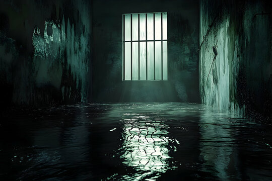 A dimly lit, flooded room with a barred window.