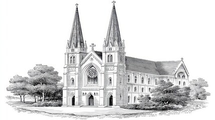 Fototapeta premium Detailed Pen and Ink Sketch of a Grand Church with Twin Towers