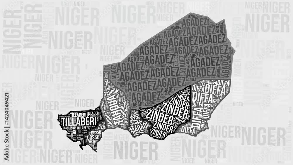 Poster niger animation. visual effect of niger regions appearing in black and white word clouds style. coun