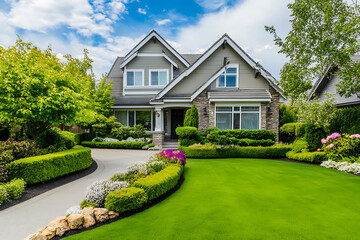 Photograph of an American home with perfectly manicured landscaping, green grass, and well-tended hedges in the front yard, high-resolution.