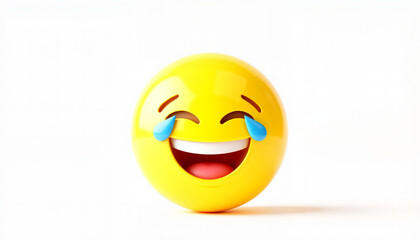 Fototapeta premium Yellow laughing emoji expressing joy on a white background 