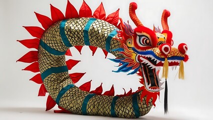 A close up of a colorful chinese dragon costume on a white background