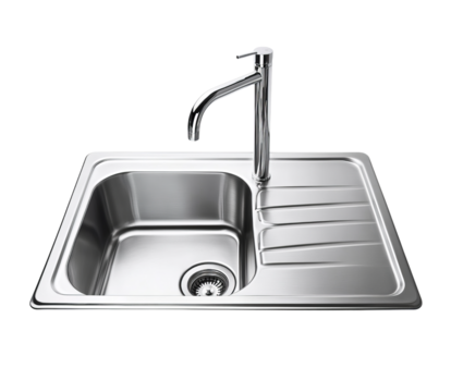 Presentation of a stainless-steel sink with a faucet, isolated on Png Format and Transparent Background