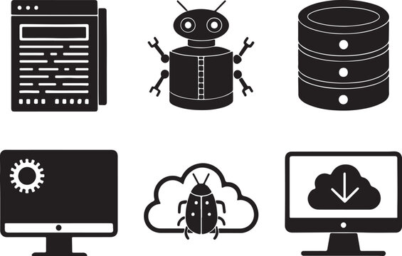 Set of 6 silhouette icons related to core or root technology of software and programming. Flat black color icon collection. Editable filled design art. Vector illustration.