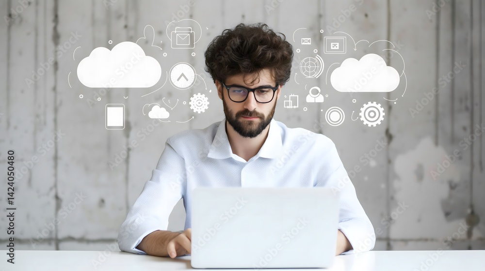 Poster a businessman working on a laptop with an augmented reality interface showing cloud document icons, 