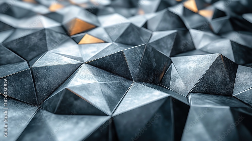 Poster abstract geometric surface of dark gray and silver triangles. a close-up view reveals a complex, mul