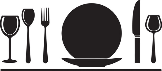 Set of 6 silhouette icons related to dining. Flat black color icon collection. Editable filled design artVector illustration.