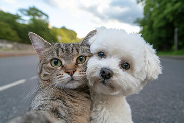 Generative AI image of a funny cat and dog taking a selfie together outdoors
