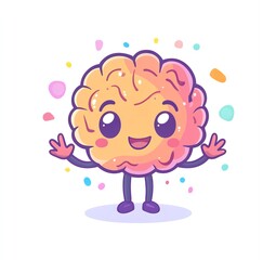 Obraz premium Happy Cartoon Brain Character Waving Hands Surrounded by Confetti