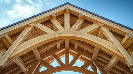 Intricate wooden roof structure with arched beams against a bright sky...