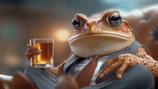 Anthropomorphic toad in business attire sitting on leather armchair, holding whiskey glass with contemplative expression