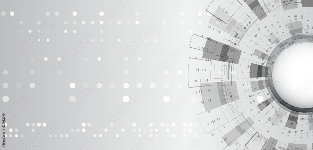 Poster Futuristic tech background with round digital interface elements and abstract geometric shapes in shades of gray and white. Minimalistic and clean design, perfect for presentations, cybersecurity.