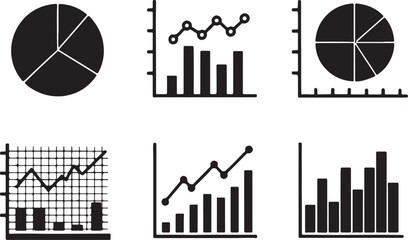 Set of 6 silhouette icons related to graph and chart. Flat black color icon collection. Editable filled design art. Vector illustration.