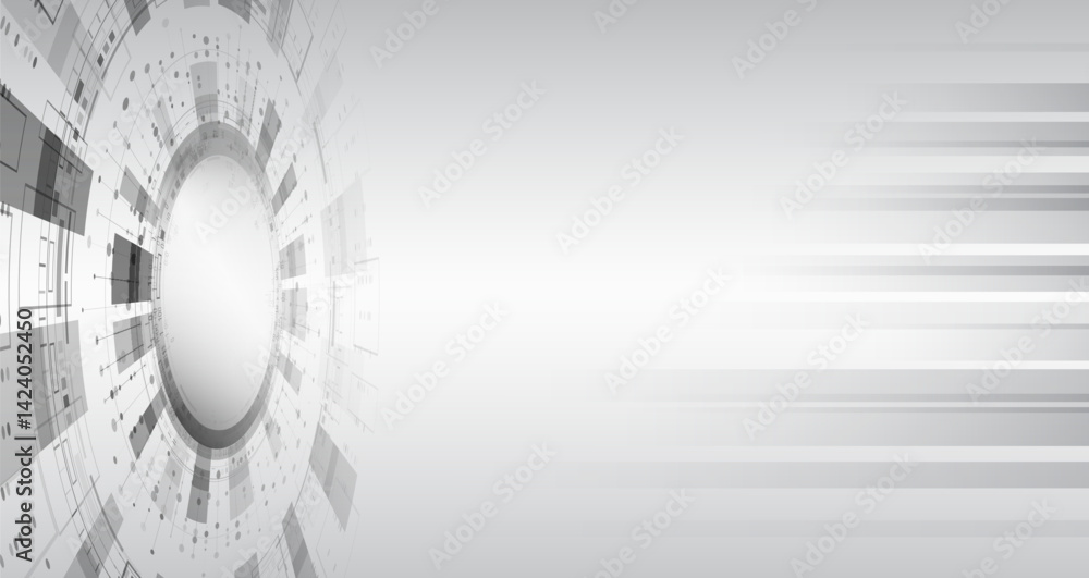 Poster Abstract grey high-tech background consisting of circles and other technological elements. Digital communication, data protection, futuristic presentation, scientific cover.