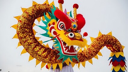 A colorful chinese dragon costume against a bright white background