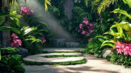 A lush tropical garden with vibrant flowers and winding stone paths, bathed in golden sunlight. Perfect for nature, landscape, and exotic outdoor themes.