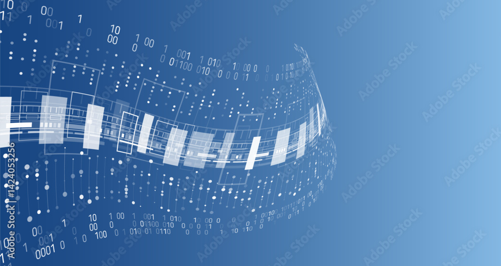 Poster Abstract digital background with binary code, geometric shapes, and data flow lines on a blue gradient. Futuristic concept for technology, programming, and innovation themes.