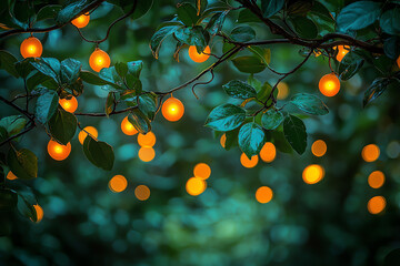 Beautiful glowing orbs hanging from leaves creating a magical ambiance in a serene botanical setting.