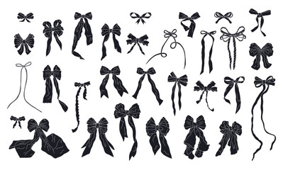 Cute hand drawn fancy bow knots black silhouettes bundle, whimsical diy clipart. Pretty vintage monochrome coquettes set. Doodle decoration clipart. Vector illustration isolated on white background