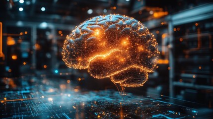 Digital representation of an interconnected brain with glowing neural pathways in a futuristic environment