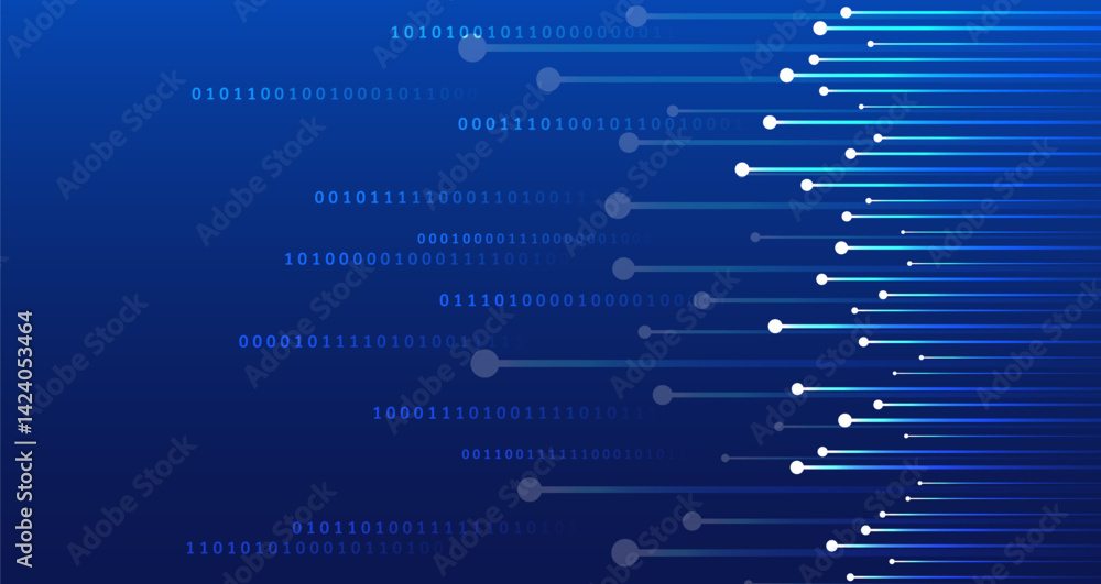 Fototapete Abstract digital background with binary code and connected dots on a blue gradient. Concept of data flow, information processing, and modern technology communication.