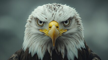 Fototapeta premium Majestic eagle with sharp gaze and powerful beak, showcasing detailed plumage against soft background. 