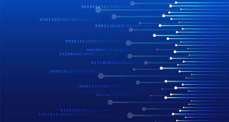 Abstract digital background with binary code and connected dots on a blue gradient. Concept of data flow, information processing, and modern technology communication.