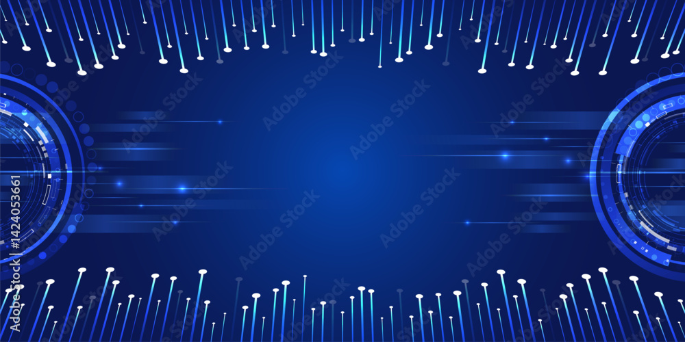 Leinwandbilder Modern abstract technology background with glowing lines, circular patterns and motion effects on blue background. Conceptual design for topics related to innovation, information technology, big data