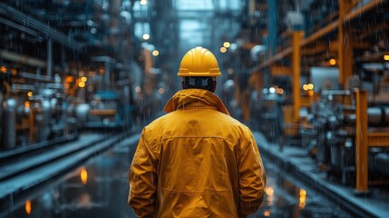 Worker in yellow raincoat observing industrial facility during rain in the evening