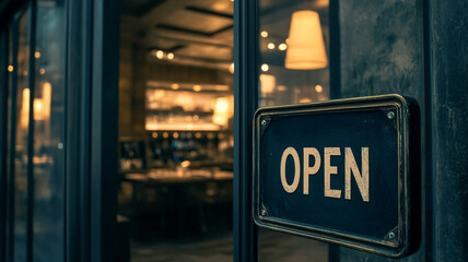 a sign with the text "OPEN" on a glass door at a cafe.