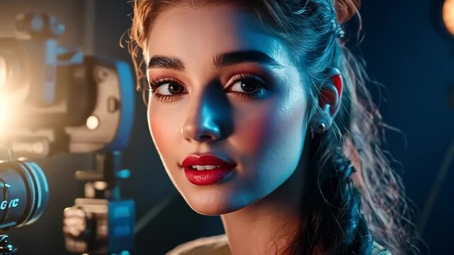Behind-the-scenes video of a female film director at work, guiding a cinematic production with a professional camera under dramatic lighting. Ideal for filmmaking, creativity, and empowerment themes.