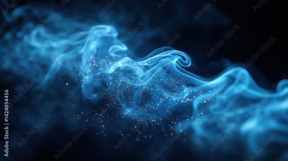 Poster swirling blue smoke creating ethereal patterns against a dark background in a dramatic light display