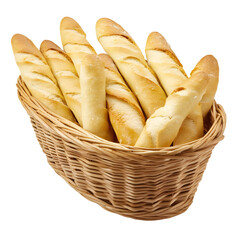 Rustic wooden basket of golden brown breadsticks freshly baked crispy texture food photography