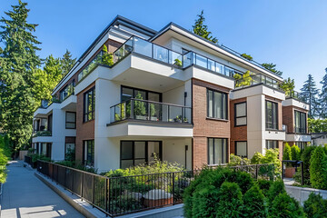 Photo of modern apartment buildings in Vancouver, bright blue sky, white and brick exterior, multiple balconies with railings, green trees near the building, small bushes at ground level.