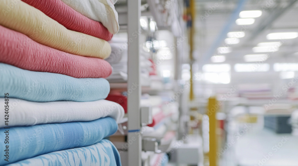 Poster Close-up view of neatly organized stacked fabrics in a bright space Generative AI