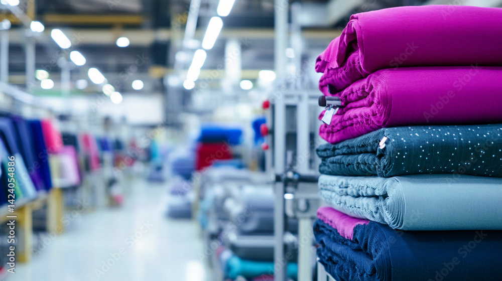 Aufkleber clean and organized fabric storage in a textile warehouse generative ai