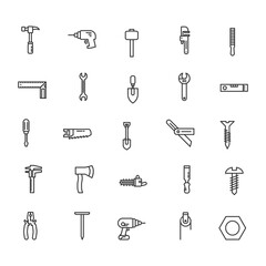 Collection of Outline Style Tools and Equipment Icons in a Grid Layout