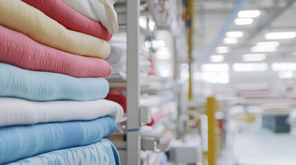Close-up view of neatly organized stacked fabrics in a bright space Generative AI
