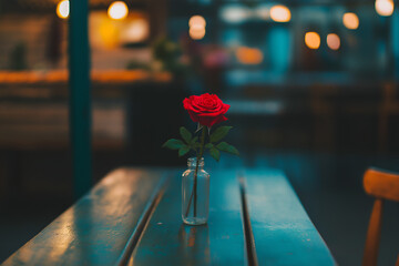 A single red rose in a vase on a table