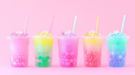 Rainbow bubble tea crafted from glass candy and glossy resin pearls, displayed on a vibrant pink mirror surface, embodying an abstract candy art concept.