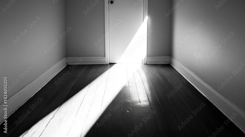Poster sunlight streams through an open door into a small room.