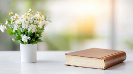 A small white vase of white flowers sits beside a tan-colored book on a white table, soft background.