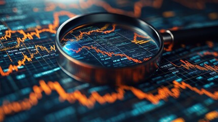 Detailed financial analysis with magnifying glass focusing on stock market charts in vibrant colors
