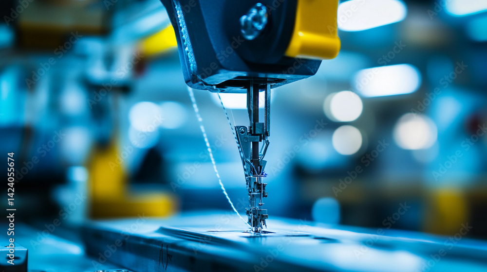 Poster close-up view of industrial sewing machine in action generative ai