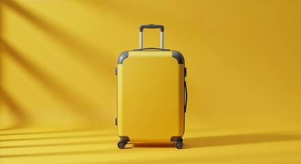 A yellow suitcase is positioned against a matching yellow background, creating a cohesive and vibrant visual.
