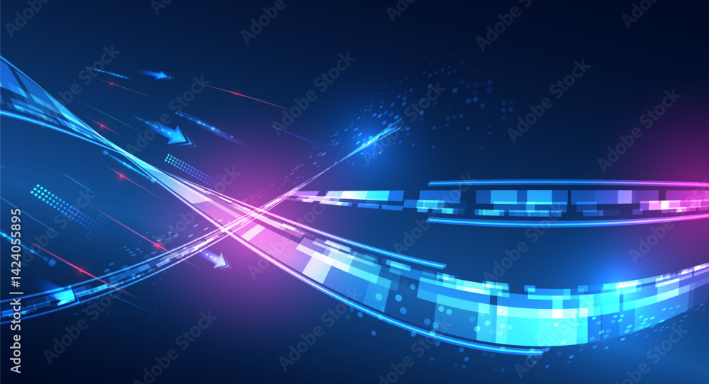 Poster Glowing blue and purple effects create a dynamic and futuristic atmosphere. Digital technologies, data transfer, internet and innovation. Modern technological background with abstract lines, arrows.