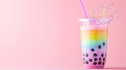 Vibrant Rainbow Bubble Tea Splash, a glass of colorful bubble tea with black tapioca pearls and a pink straw, dynamic motion with bouncing boba on a hot pink backdrop